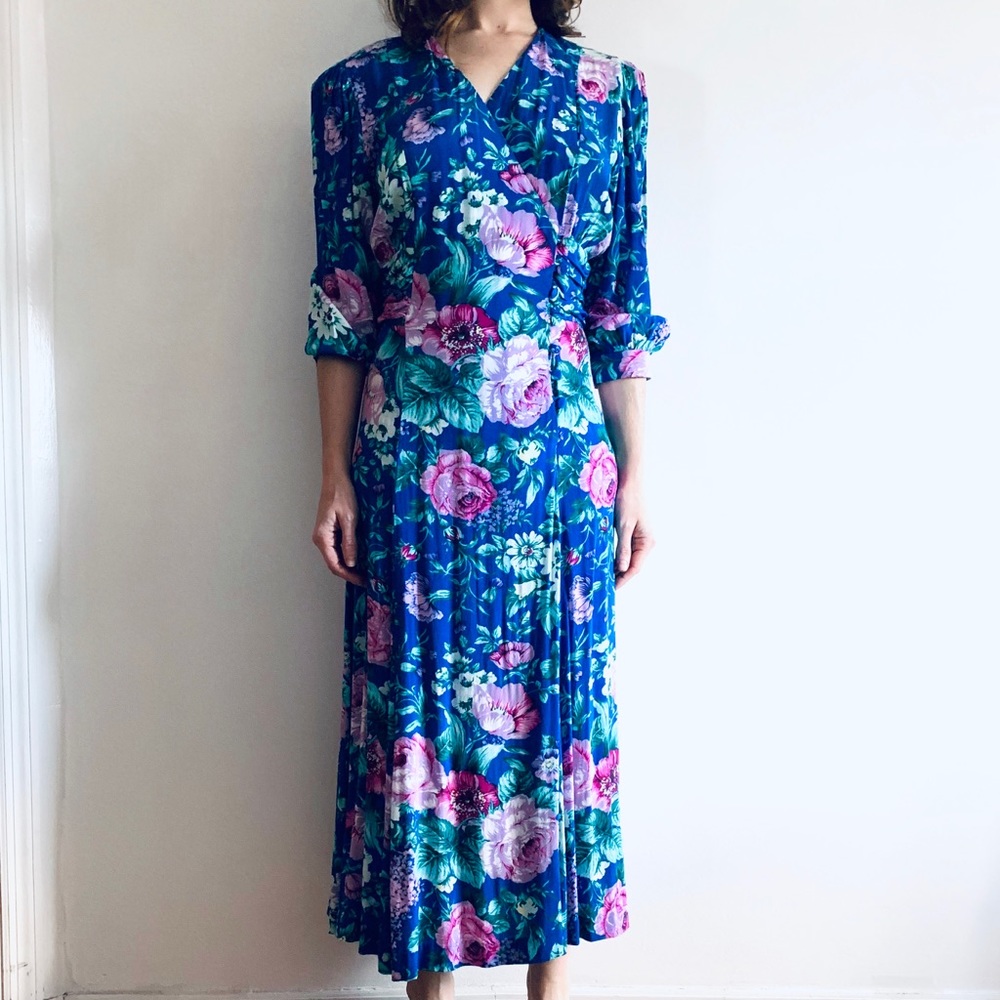 Vintage Floral Spring Dress Blue Pink Rayon 4/6